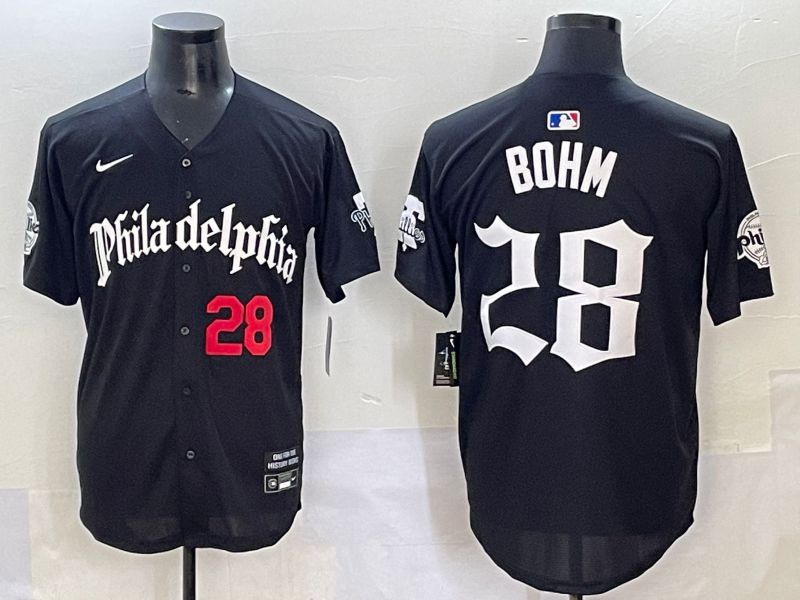 Men 2025 Philadelphia Phillies #28 Bohm Black Five generations Joint Name Nike MLB Jersey style 2